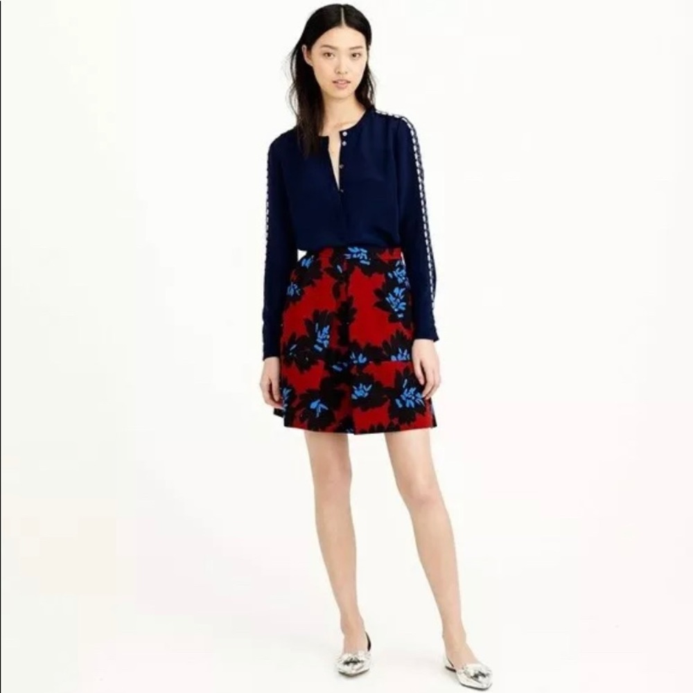 J. CREW Blue Red  Floral A-Line Back Zip Pleated Skirt with Pockets